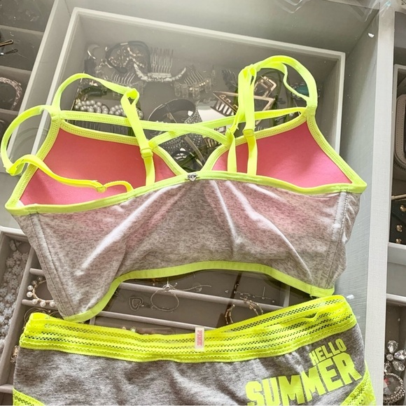 VS Heather Grey Neon Yellow Green Strappy Push-Up Padded Bralette Panty Set - Picture 5 of 14